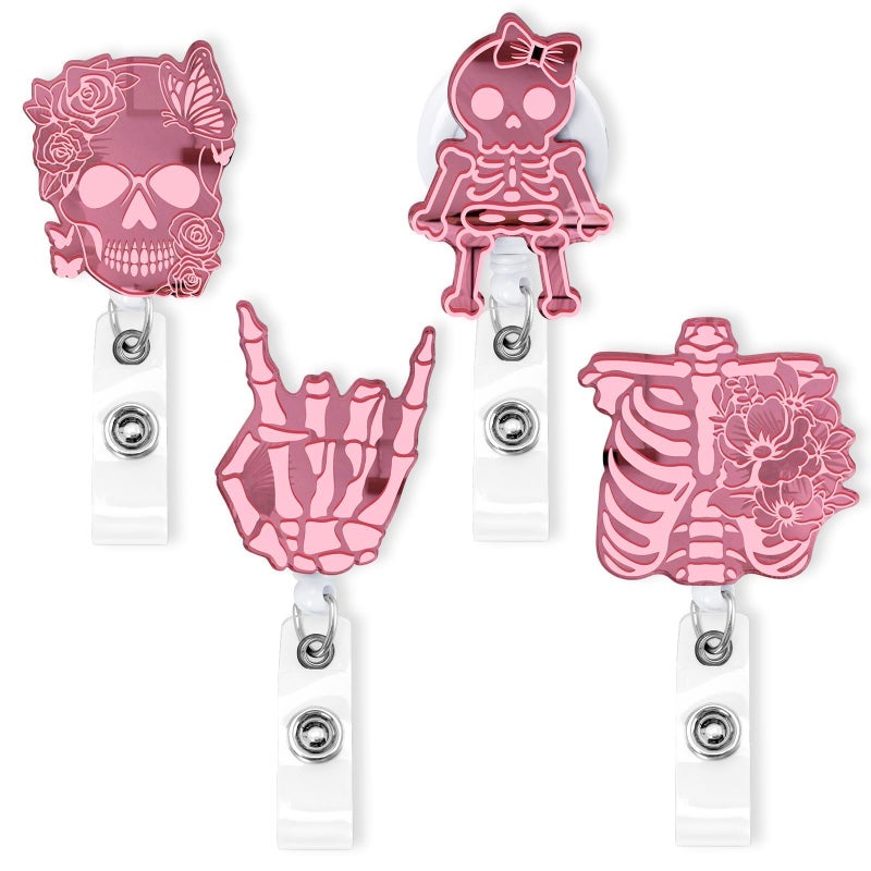 Xylolfsty Xray Badge Reels 4PCS هيكل عظمي قابل للسحب شارة كليب حامل مع مقطع التمساح مرآة الهالوين الاكريليك الضلع الجمجمة أنماط لطيف لراد RN ممرضة طبيب طالب الأشعة التكنولوجيا الهدايا - Image 1